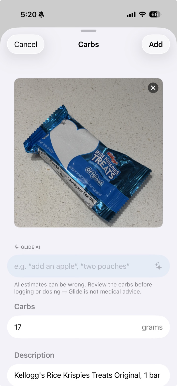Glide's carb sheet: a photo of a Rice Krispies Treat bar with an estimate of 17 grams and the description Kellogg's Rice Krispies Treats Original, 1 bar