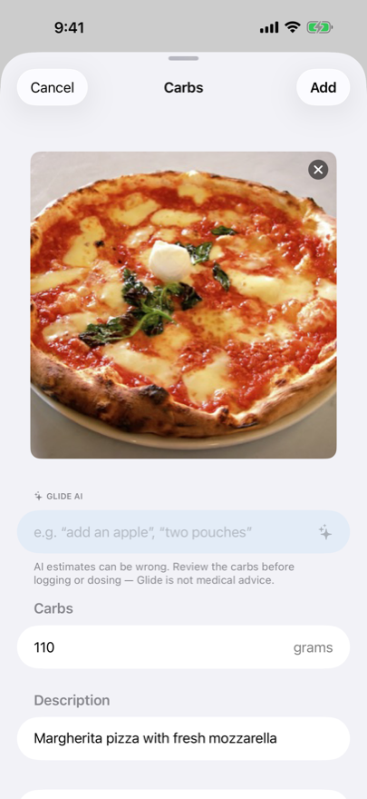 Glide's carb sheet: a photo of a margherita pizza with an estimate of 110 grams and the description Margherita pizza with fresh mozzarella