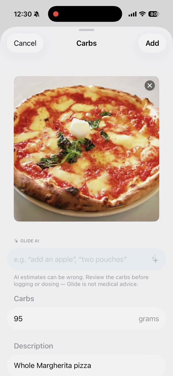 The Carbs editor with a photo of a pizza and an AI-estimated 95 grams in an editable field